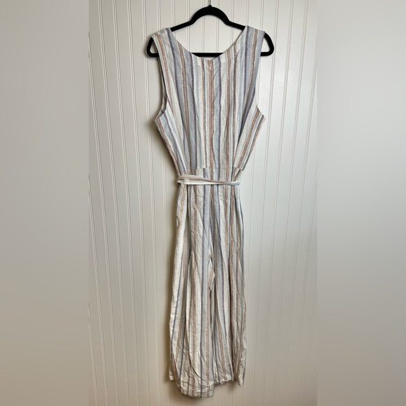 Cupio Striped Linen Blend Wide Leg Jumpsuit Tie Belt L43 - Picture 3 of 8
